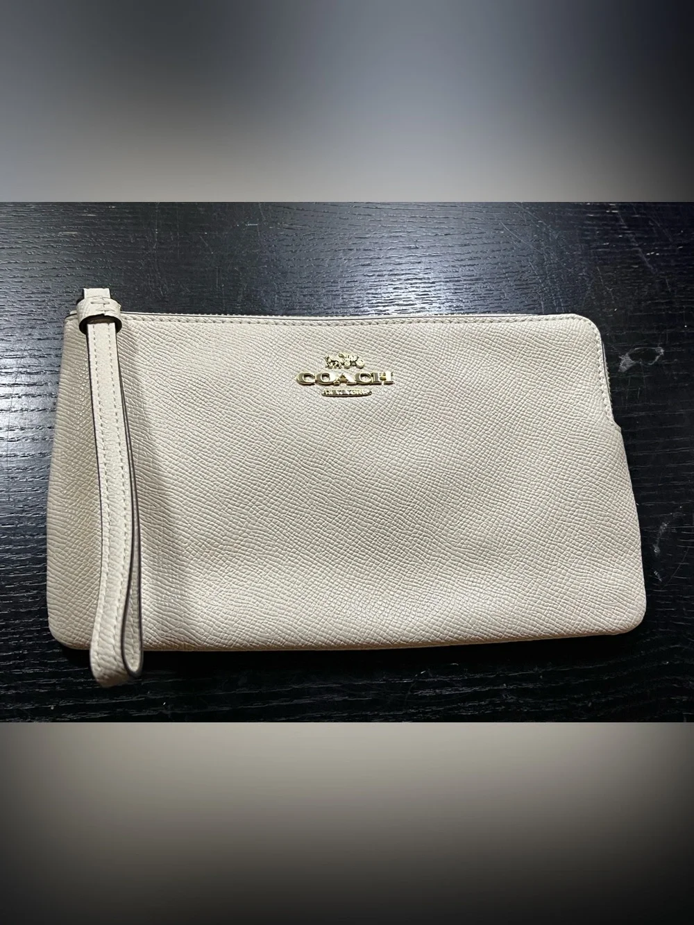 Coach Cream Leather Wristlet Clutch with Gold Logo